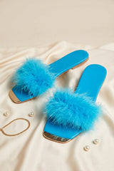 Sky Blue Faux Feather Flat Slip-On Sandals with Gold Toe Detail  - Klon