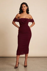 Wine Bardot Cowl Neck Ruched Midi Dress - Malia
