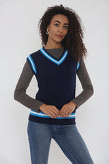 Navy Cable Knit V Neck With Blue Stripe Jumper- Casoil