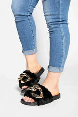 Black Faux Fur Buckled Summer Thick Sole Sliders - Juliette