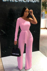 Baby Pink Belted One Shoulder Jumpsuit - Evelyn