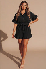 Black Pleated Frill Ruffle Shirt Short Playsuit - Dora