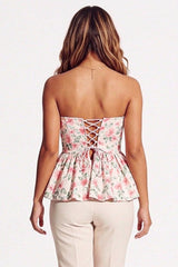 Pink Floral Sweetheart Neck Strapless Corset Style Top- Peplum