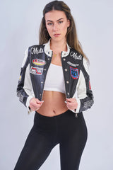 Black & White PU Leather Racer Patch Details cropped Jacket - Robina