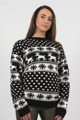 Black Reindeer And Snowflake Print Long Sleeve Knit Christmas Jumper - Holly