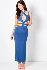 Blue Cross Over Plunge Cut Out Maxi Dress - Gabrielle