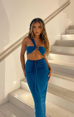 Teal One Shoulder Cut Out Ring Detail High Waisted Ruched Maxi Skirt Co-Ord - Thea