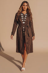 Brown Faux Suede Belted Longline Trench Coat-Velmira