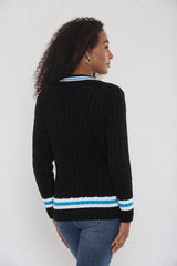 Black Cable Knit V Neck Jumper with Stripe Trim - Somia