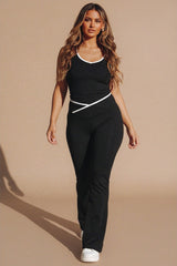 Black Contrast Trim Top and Flared Trousers Activewear Set - Eleonora
