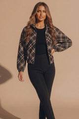 Brown Check Print Cropped Zip Up Jacket - Nion
