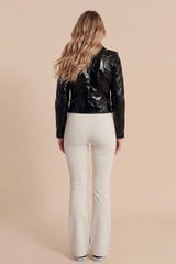 Black High Shine Faux Leather Biker Jacket-Bina