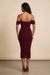 Wine Bardot Cowl Neck Ruched Midi Dress - Malia
