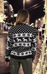 Black Reindeer And Snowflake Print Long Sleeve Knit Christmas Jumper - Holly