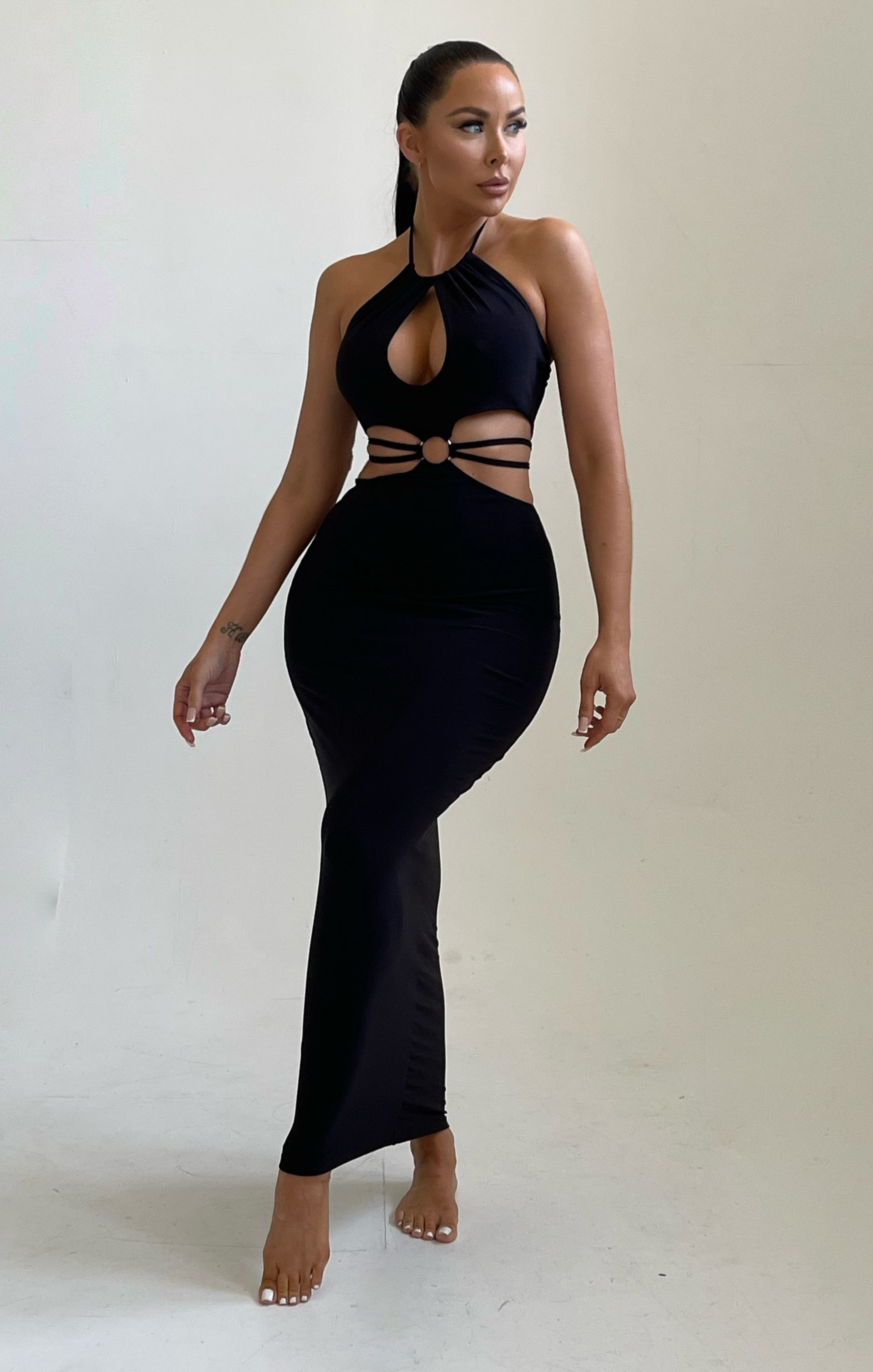 Black V Neck Cut Out Ring Detail Maxi Dress - Arabelle Femme Luxe Black V Neck Cut Out Ring Detail Maxi Dress - Arabelle Femme Luxe