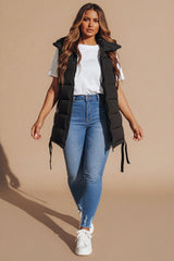 Black High Neck Zip Up Sleeveless Hooded Padded Midi Gilet - Kenley