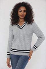 Grey Cable Knit V Neck Jumper with Stripe Trim - Somia
