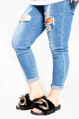 Black Faux Fur Buckled Summer Thick Sole Sliders - Juliette