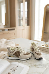 Beige Printed Panel Faux Leather Glitter Trainers - Guinevere