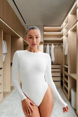White Long Sleeve Round Neck Slinky Bodysuit - Layla