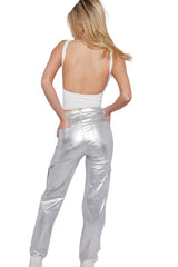 Metallic Silver High Waisted Cargo Glossy Shine Pants- Misa