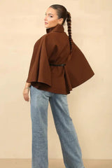Brown Belted High Neck Cape Coat - Vivienne