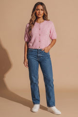 Pink Short Sleeve Button Front Knit Cardigan - Koiley