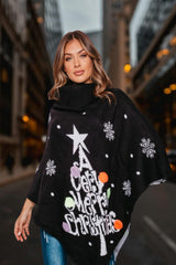 Black Pom Pom Merry Christmas knitted Poncho - Aviva