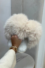 Beige Fluffy Faux Fur Slippers Soft Plush Indoor Mules- Ciona
