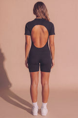 Black Buttoned Up Short Sleeve Ribbed Playsuit - Allegra