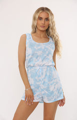Blue & White Tie Dye Sleeveless Drawstring Waist Playsuit – Tasha