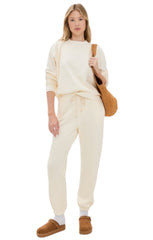 Cream  Off The Shoulder Jumper & Drawstring High Waisted Joggers Knitted Loungewear Set - Christina