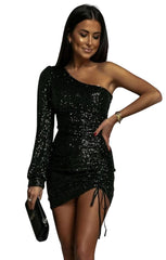 Black One Shoulder Sequin Ruched Bodycon Mini Dress – Tessa