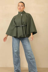 Khaki Belted High Neck Cape Coat - Vivienne