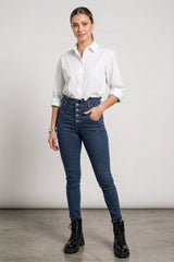 Blue High Waist Button Front Skinny Jeans-Solvani