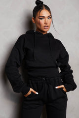 Black Long Sleeve Cropped Fleece Hoodie & Cuffed Joggers Loungewear Set - Layla