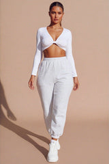 White Slinky Twist Front V Neck Long Sleeve Crop Top - Liriana