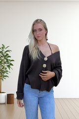 Brown V-Neck Knit Long Sleeve Sweater with Gold Button Details Cardigan Top - Liorena