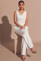 White Draped Cowl Neck Top & Split Hem Trouser Co-Ord Set - Dvaina