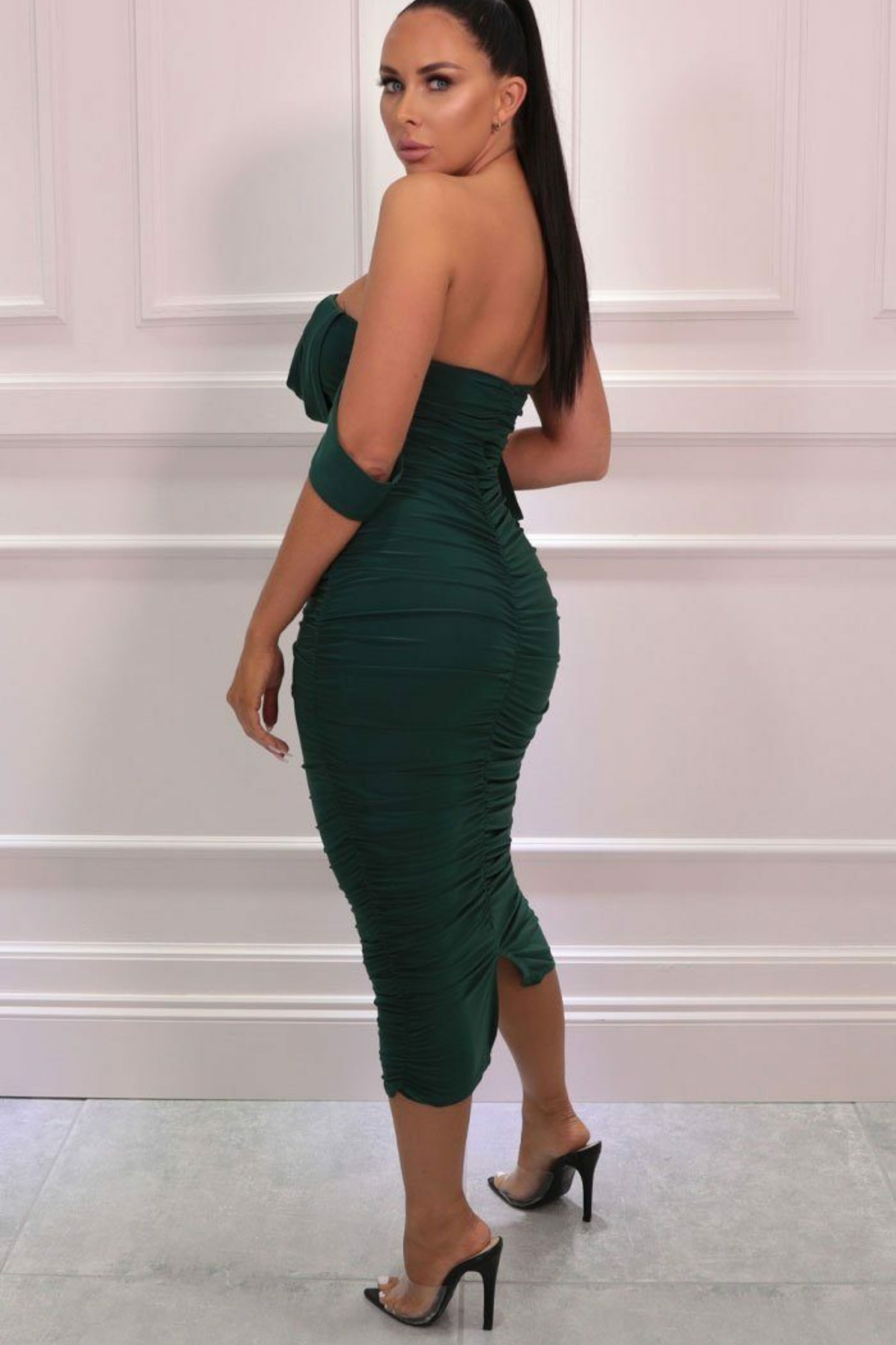 Emerald Bardot Cowl Neck Ruched Midi Dress | Dresses | Femme Luxe UK Emerald Bardot Cowl Neck Ruched Midi Dress | Dresses | Femme Luxe UK