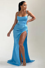 Sky Blue Strappy Satin Side Split Maxi Dress - Karina