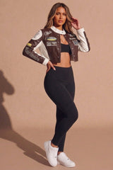Brown & White PU Leather Racer Patch Details cropped Jacket - Robina
