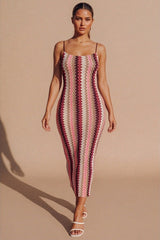 Wine Zig Zag Strappy Midaxi Bodycon Dress- Teeya