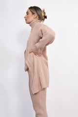 Dusty Pink Ribbed Knitted 3 Piece Loungewear Set-Jinet