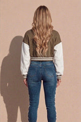 Khaki Varsity Slogan Contrast Sleeve Bomber - Hallie