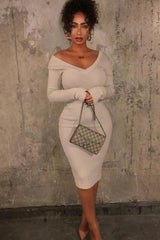 Stone Ribbed V Neck Midi Jumper Dress - Ivy