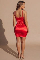 Red Satin Cut Out Bust Detail Strappy Bodycon Mini Dress - Adelaide