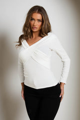 Cream Rib Off The Shoulder V Front V Back Long Sleeve Top - Everly
