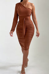 Chocolate One Shoulder Ruched Slinky Midi Dress - Savannah