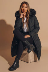 Black Longline Faux Fur Trim Puffer Jacket - Kiera